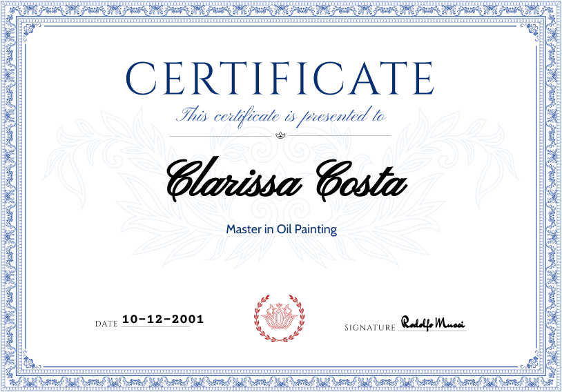 Questo prestigioso Master ha fornito a Clarissa una formazione avanzata nelle tecniche della pittura ad olio, con un approccio che unisce la tradizione dei maestri rinascimentali alle sensibilità contemporanee. Il programma si è focalizzato sull’uso del colore, sulla composizione e sull’anatomia artistica, nonché sull’analisi dei materiali e delle superfici.

Durante il percorso, Clarissa ha approfondito la tecnica delle velature, l’uso del chiaroscuro e lo studio della luce naturale, sviluppando uno stile personale raffinato e riconoscibile. Il Master si è concluso con una mostra collettiva in cui ha esposto una serie di opere ispirate alla natura morta e alla figura umana.

Questo titolo ha rappresentato un punto di svolta nella sua carriera artistica, consolidando le sue competenze tecniche e rafforzando la sua identità espressiva.